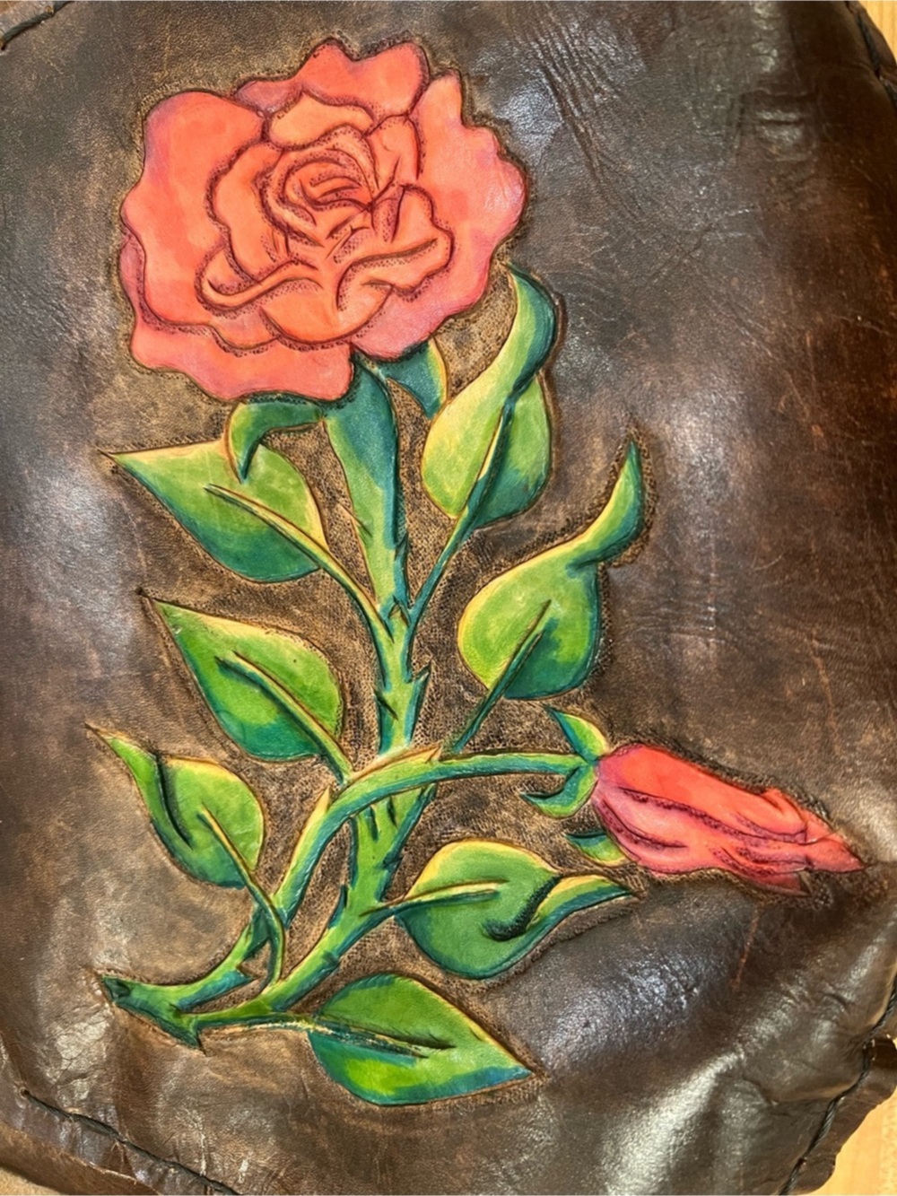 ๐นHand-Tooled Brown Leather Red Rose Saddle Shoulder Bag Western Boho Vintage - Picture 2 of 7